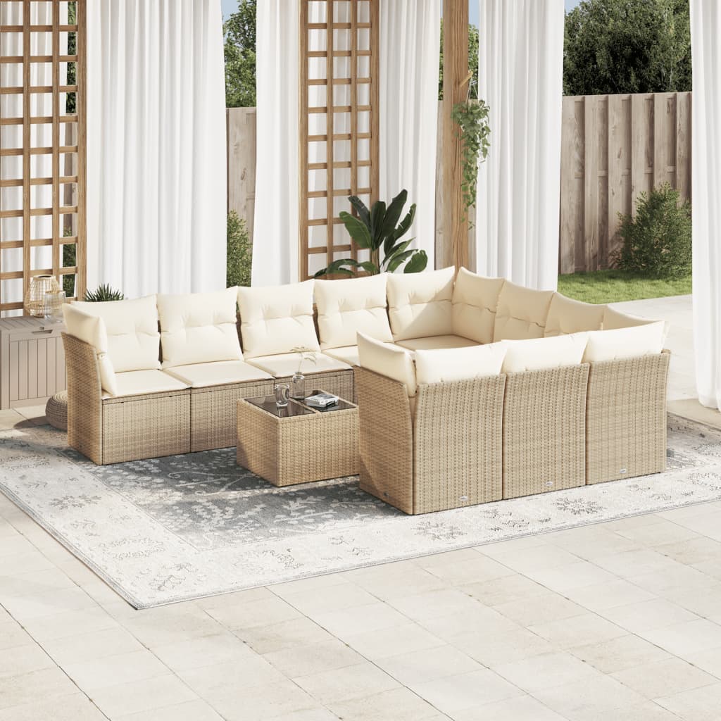 vidaXL 11-tlg. Garten-Sofagarnitur mit Kissen Beige Poly Rattan