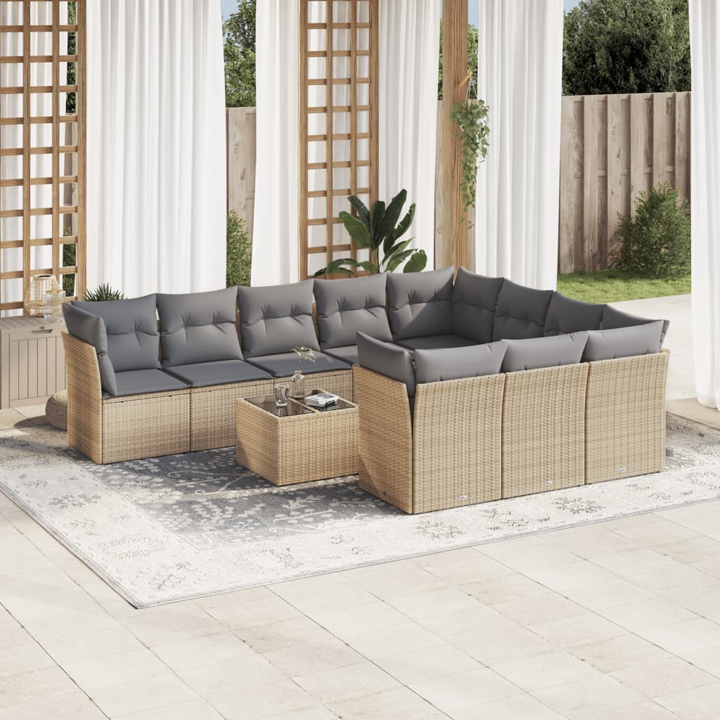 vidaXL 11-tlg. Garten-Sofagarnitur mit Kissen Beige Poly Rattan