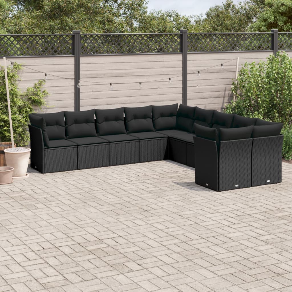 vidaXL 10-tlg. Garten-Sofagarnitur mit Kissen Schwarz Poly Rattan