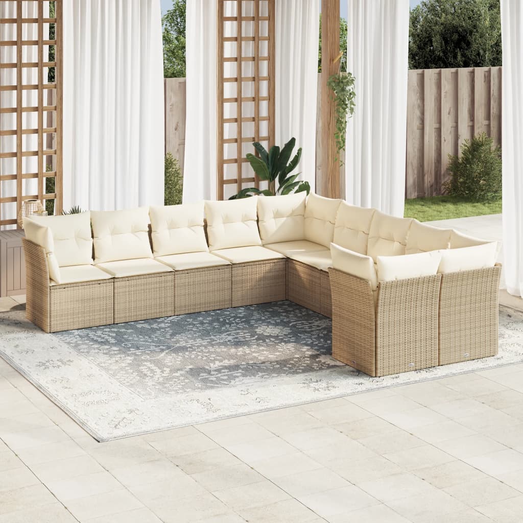 vidaXL 10-tlg. Garten-Sofagarnitur mit Kissen Beige Poly Rattan