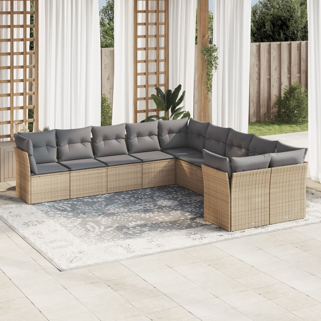 vidaXL 10-tlg. Garten-Sofagarnitur mit Kissen Beige Poly Rattan