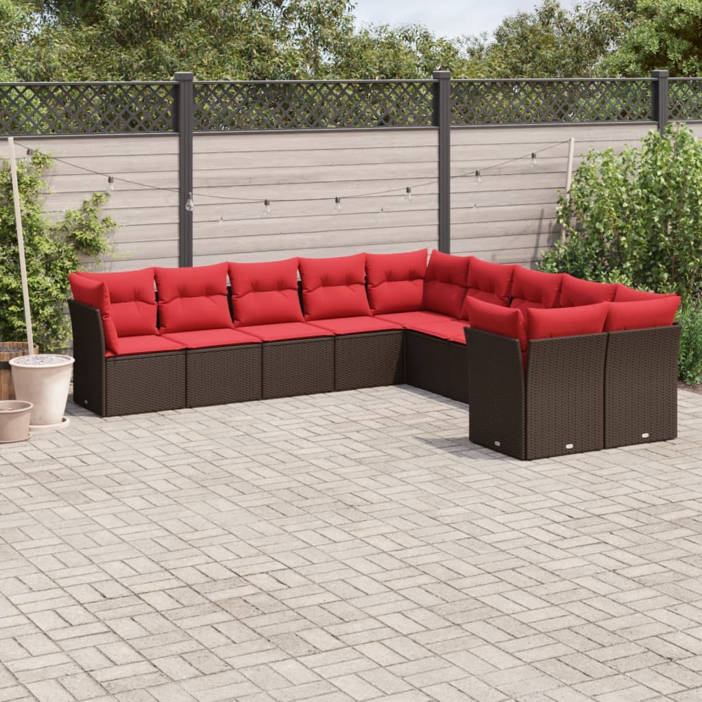 10 Piece Patio Sofa Set with Cushions Brown Poly Rattan