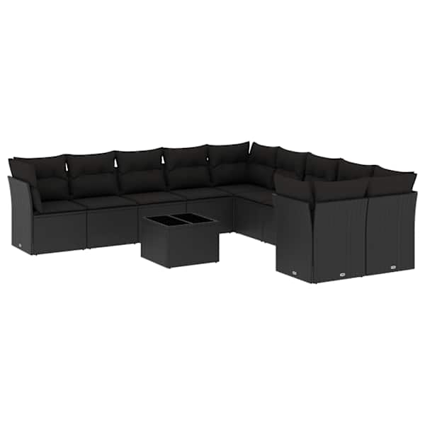 vidaXL 11-osaline aiadiivani komplekt patjadega, must, pol&uuml;rotang
