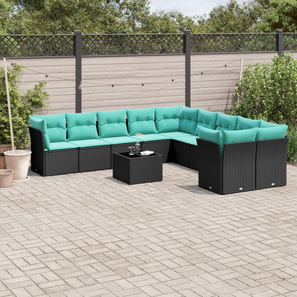 11-tlg. Garten-Sofagarnitur mit Kissen Schwarz Poly Rattan