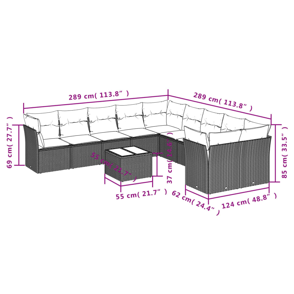 Set canapele de grădină cu perne, 11 piese, gri, poliratan 3218250 - imagine 3