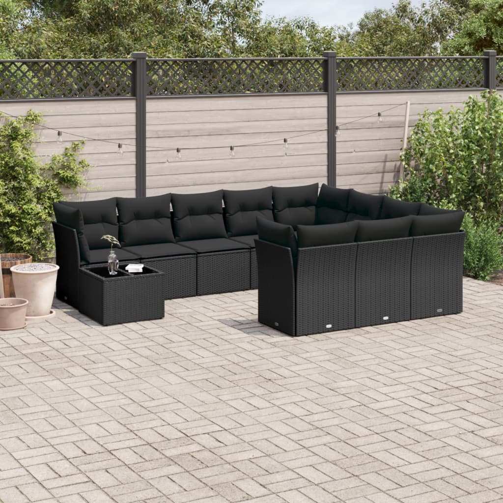 vidaXL 11-tlg. Garten-Sofagarnitur mit Kissen Schwarz Poly Rattan