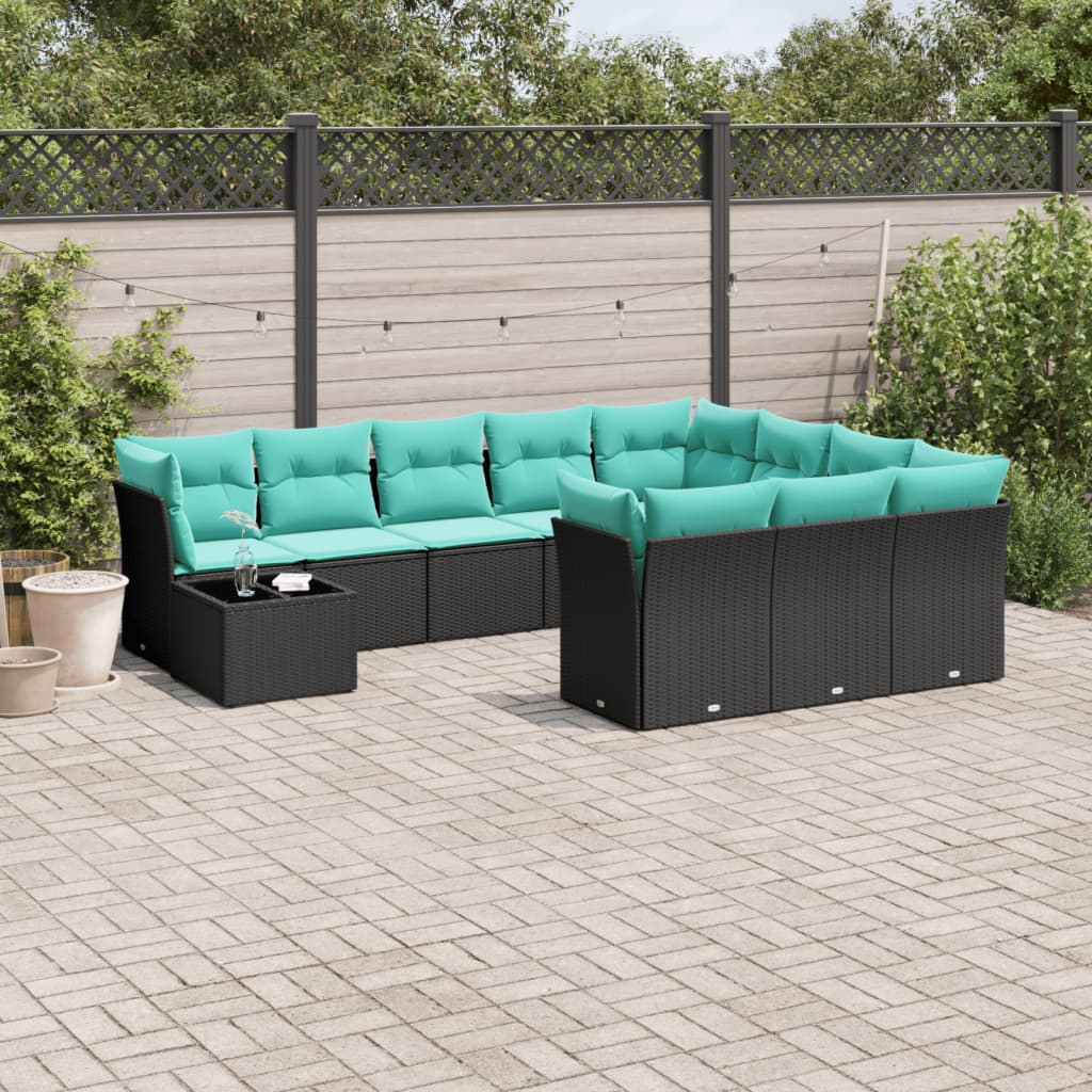 Set de sofás de jardín 11 pzas y cojines ratán sintético negro