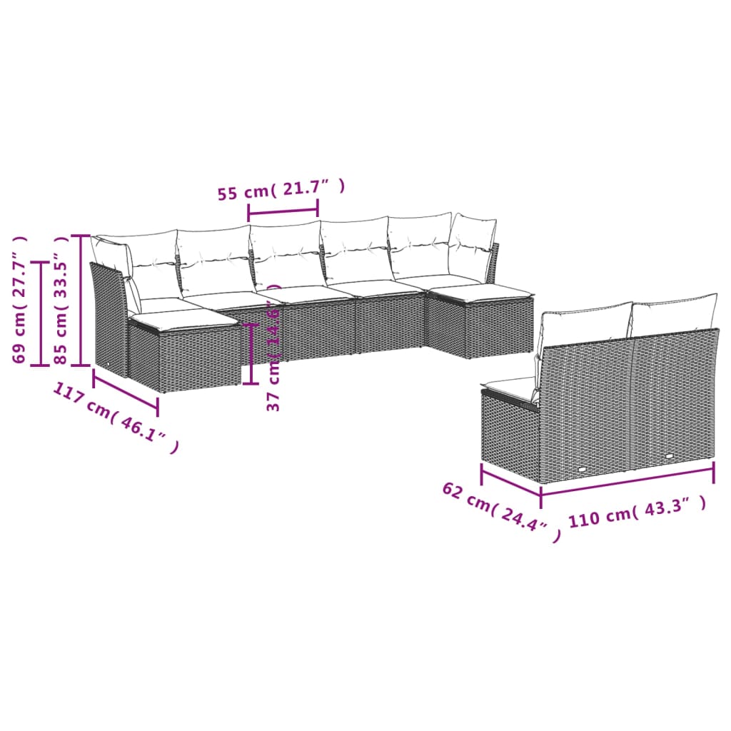 vidaXL 9-delige Loungeset met kussens poly rattan grijs afbeelding