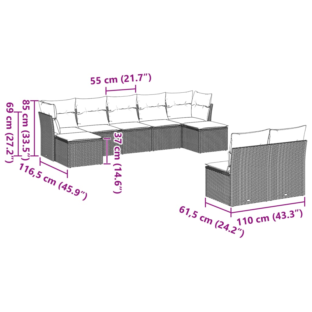 vidaXL 9-delige Loungeset met kussens poly rattan lichtgrijs afbeelding