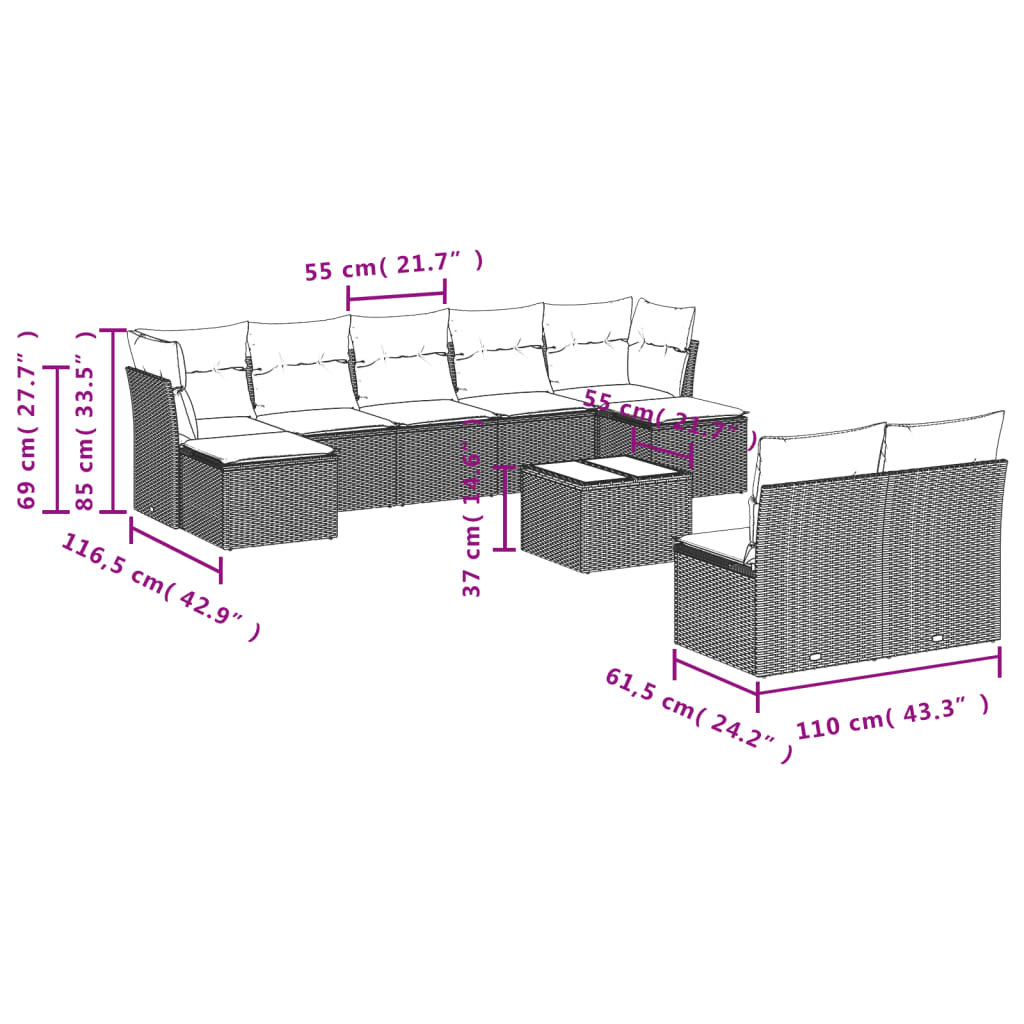 vidaXL 10-delige Loungeset met kussens poly rattan beige afbeelding