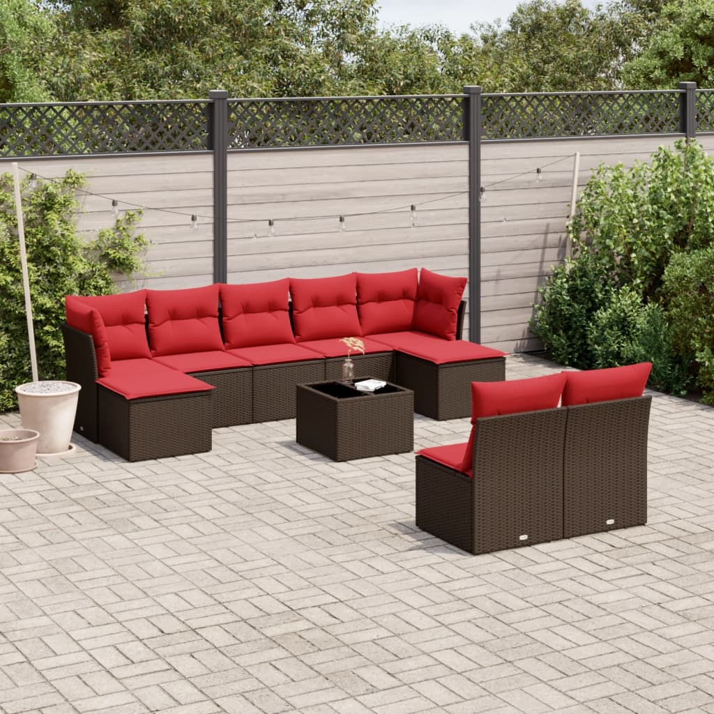10 Piece Patio Sofa Set with Cushions Brown Poly Rattan