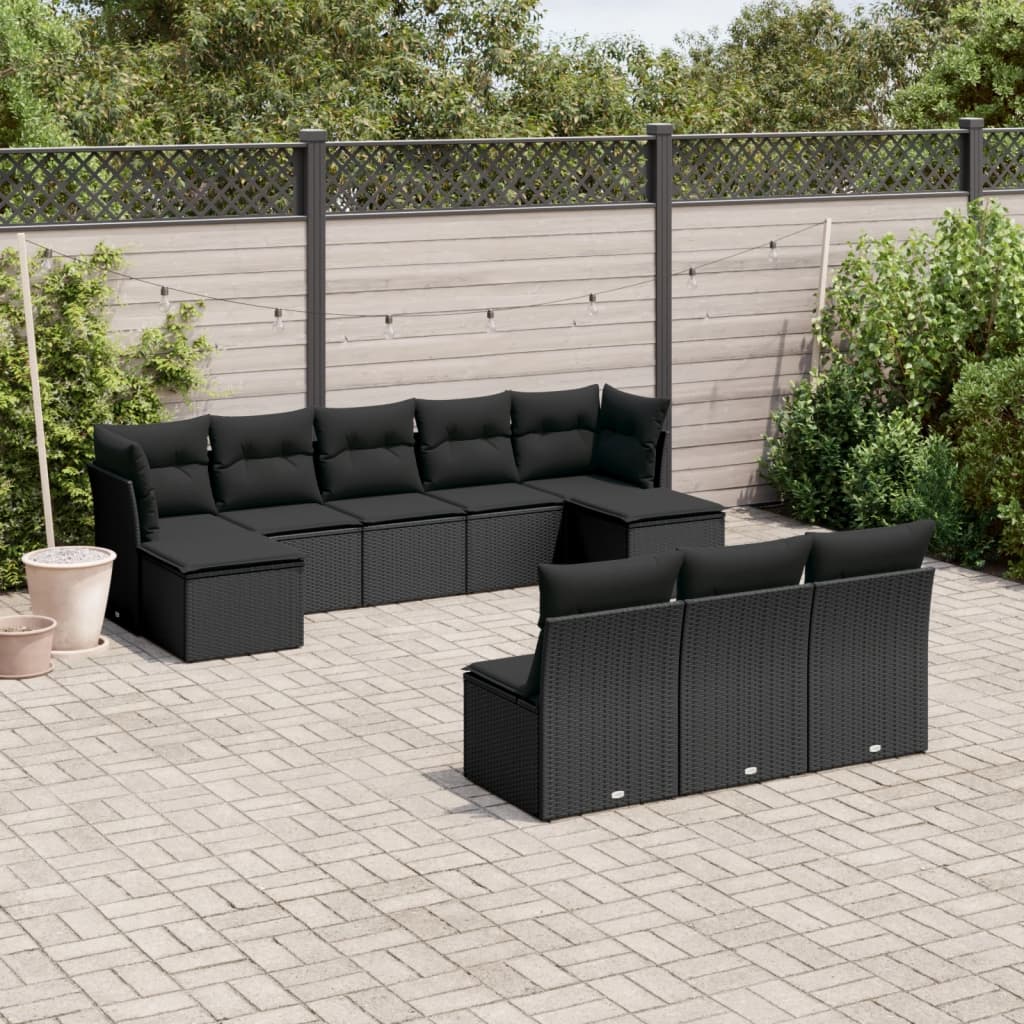 vidaXL 10-tlg. Garten-Sofagarnitur mit Kissen Schwarz Poly Rattan