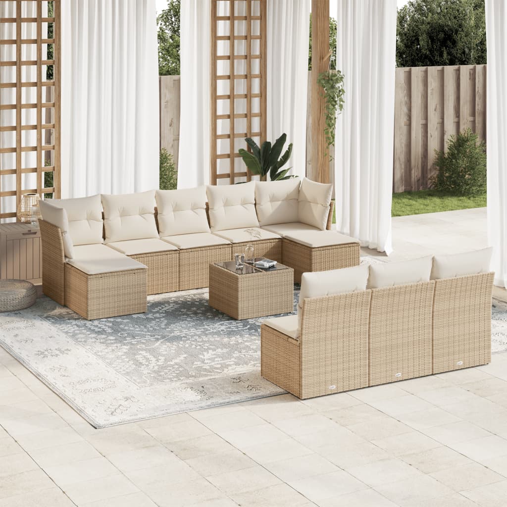 vidaXL 11-tlg. Garten-Sofagarnitur mit Kissen Beige Poly Rattan