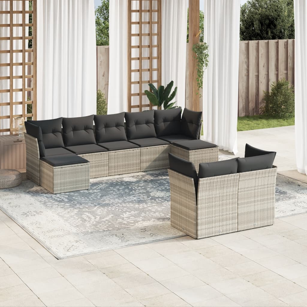 vidaXL 9-tlg. Garten-Sofagarnitur mit Kissen Hellgrau Poly Rattan