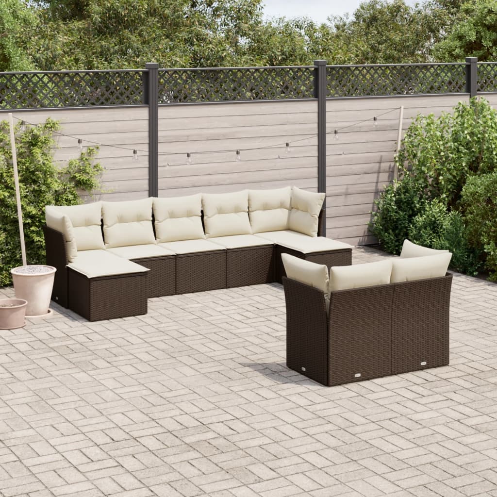 9-tlg. Garten-Sofagarnitur mit Kissen Braun Poly Rattan