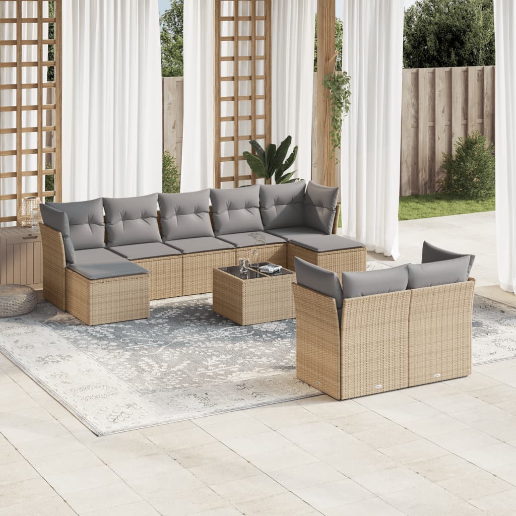 vidaXL 10-tlg. Garten-Sofagarnitur mit Kissen Beige Poly Rattan