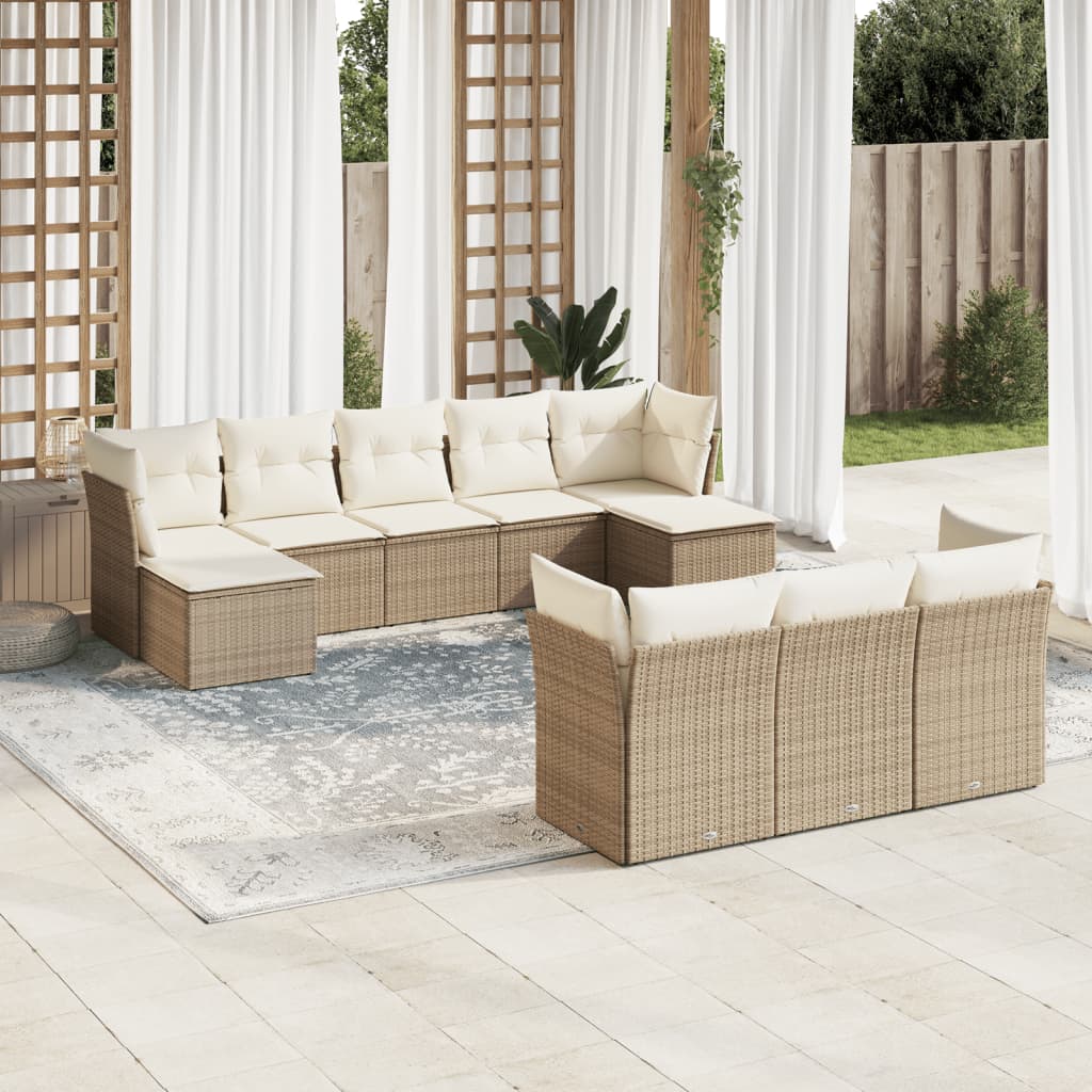 vidaXL 10-tlg. Garten-Sofagarnitur mit Kissen Beige Poly Rattan