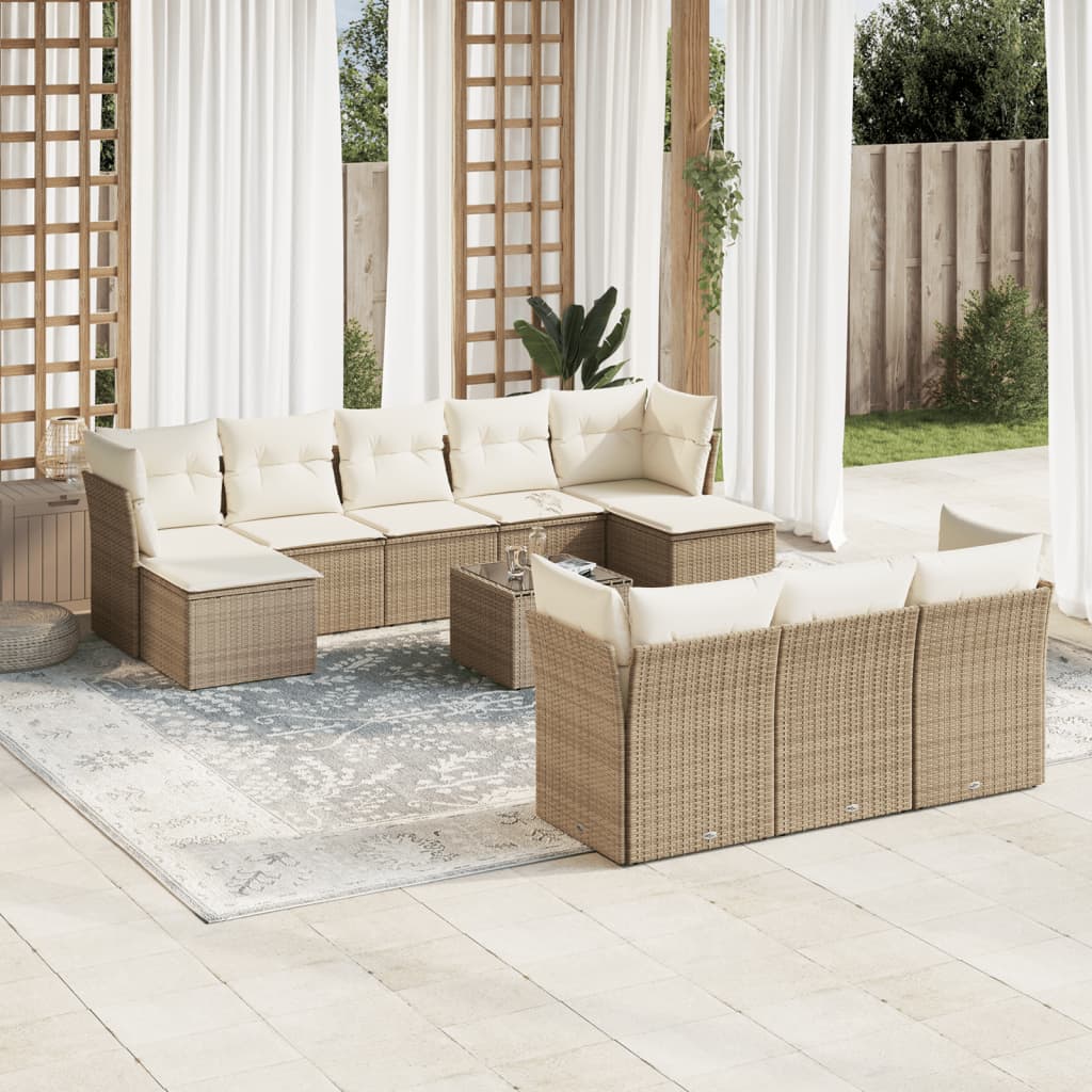 vidaXL 11-tlg. Garten-Sofagarnitur mit Kissen Beige Poly Rattan