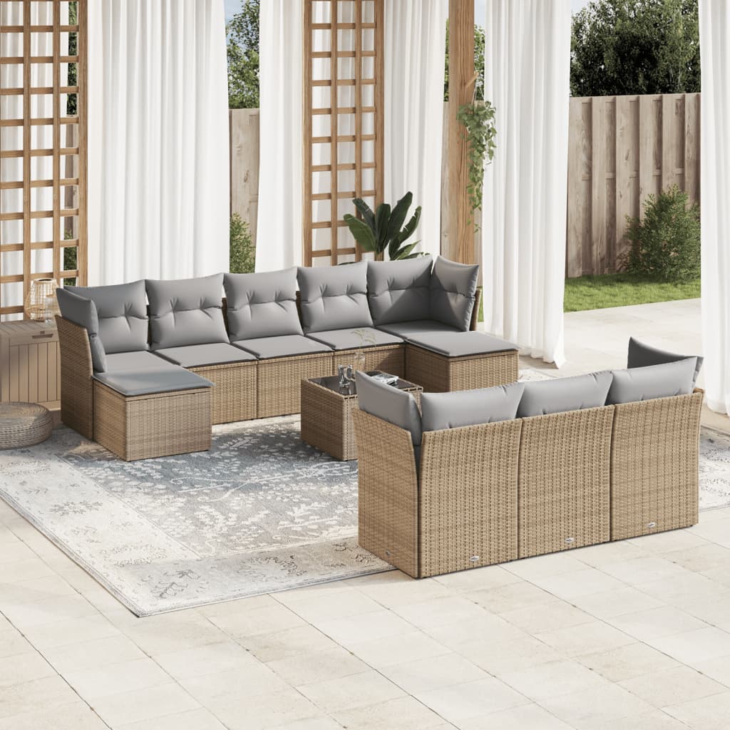 vidaXL 11-tlg. Garten-Sofagarnitur mit Kissen Beige Poly Rattan