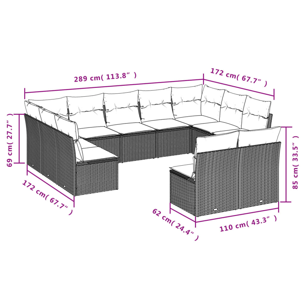 vidaXL 11-delige Loungeset met kussens poly rattan zwart afbeelding