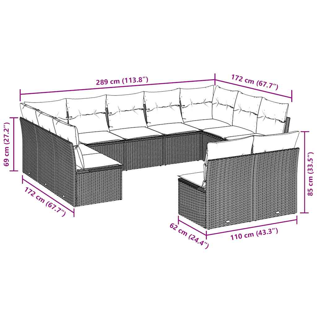 vidaXL 11-delige Loungeset met kussens poly rattan lichtgrijs afbeelding