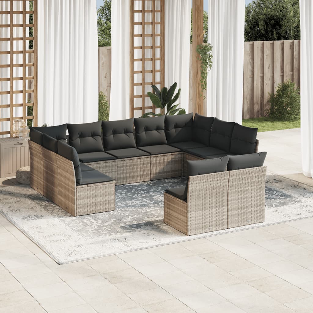 vidaXL 11-tlg. Garten-Sofagarnitur mit Kissen Hellgrau Poly Rattan