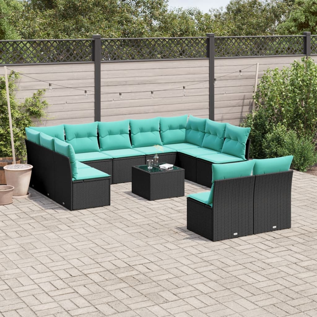 vidaXL 12-teiliges Gartensofa-Set mit Kissen, schwarzes Polyrattan