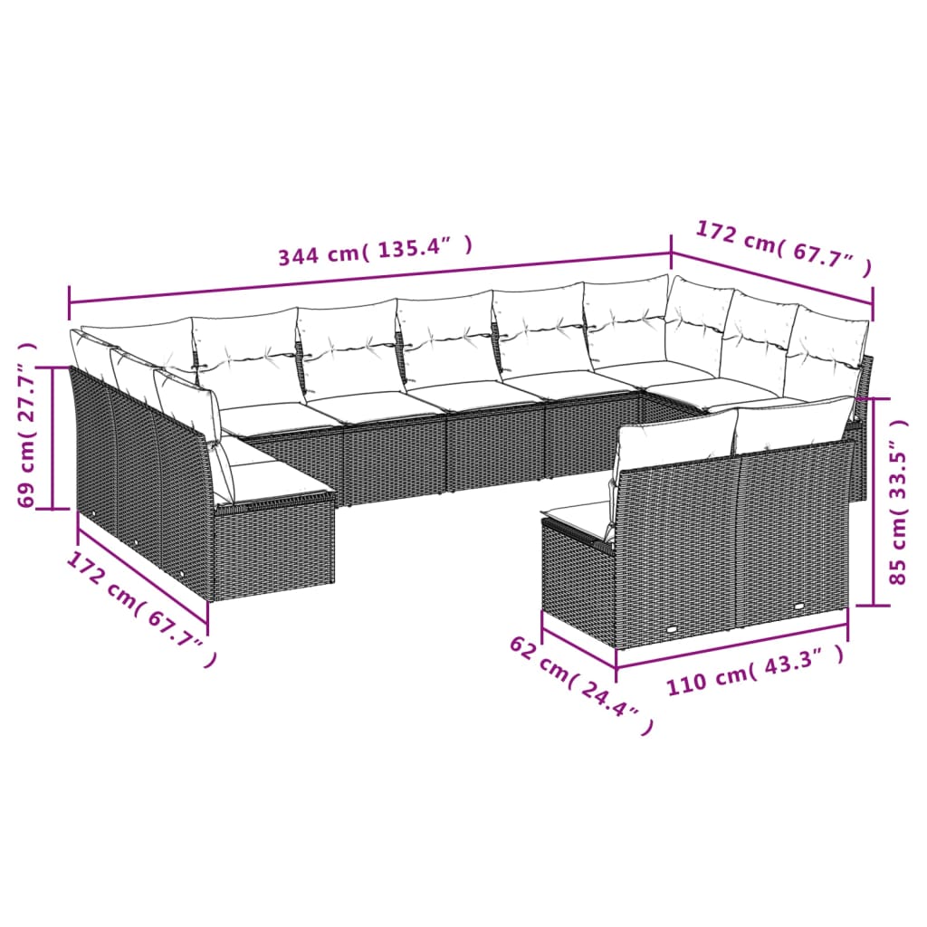 vidaXL 12-delige Loungeset met kussens poly rattan zwart afbeelding