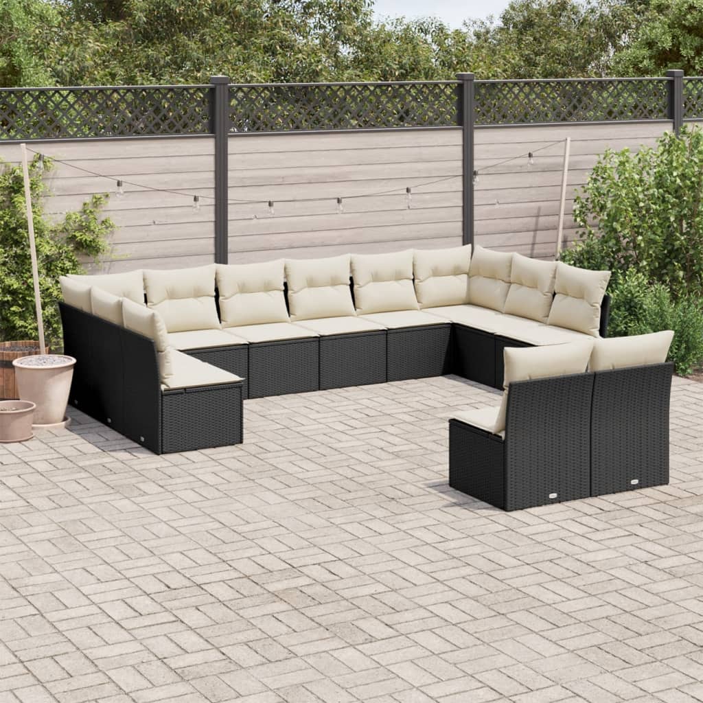 12-tlg. Garten-Sofagarnitur mit Kissen Schwarz Poly Rattan