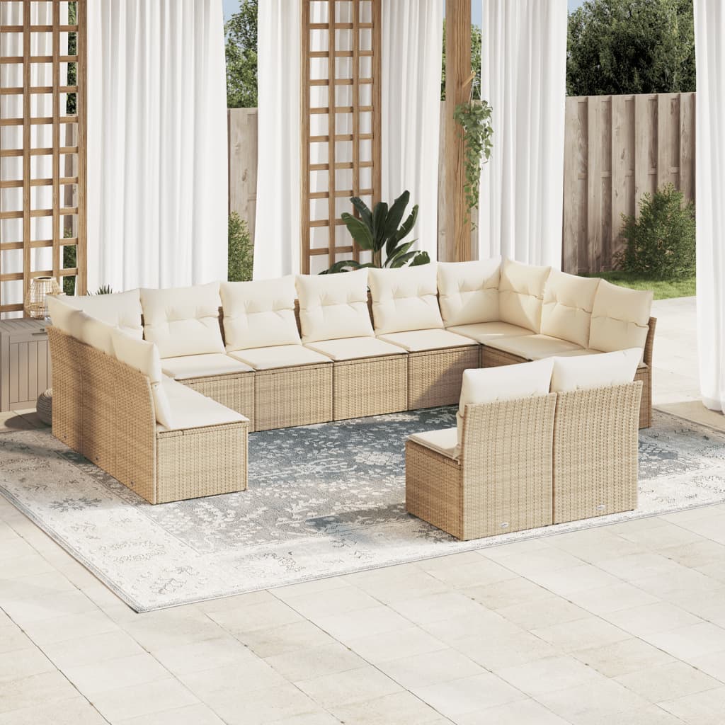 12-tlg. Garten-Sofagarnitur mit Kissen Beige Poly Rattan