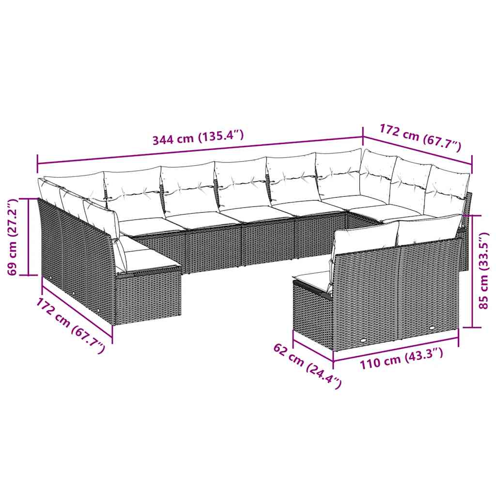 vidaXL 12-delige Loungeset met kussens poly rattan bruin afbeelding