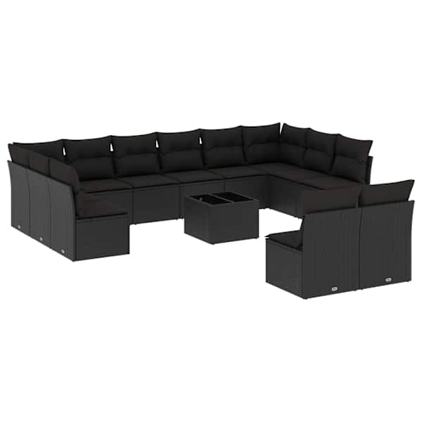 vidaXL 13-osaline aiadiivani komplekt patjadega, must, pol&uuml;rotang