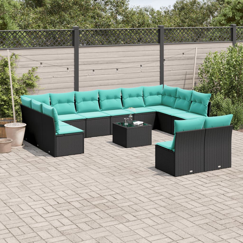 vidaXL 13-teiliges Gartensofa-Set mit Kissen, schwarzes Polyrattan