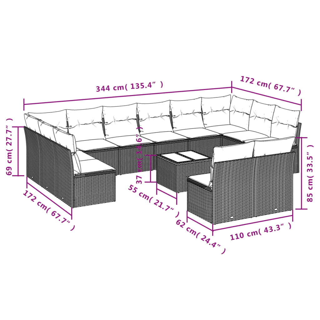 Set mobilier de grădină cu perne, 13 piese, gri, poliratan 3218380 - imagine 3
