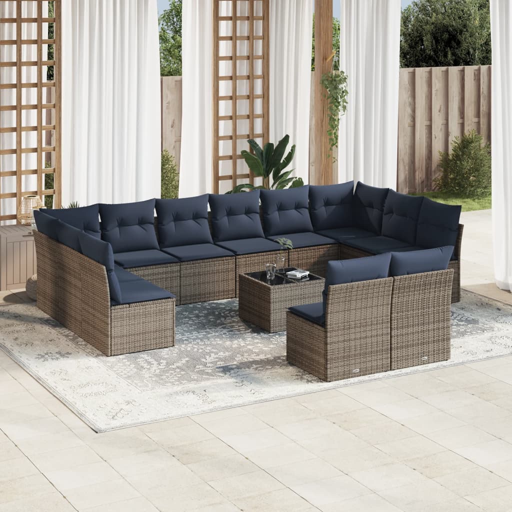 13 Piece Patio Sofa Set with Cushions Gray Poly Rattan
