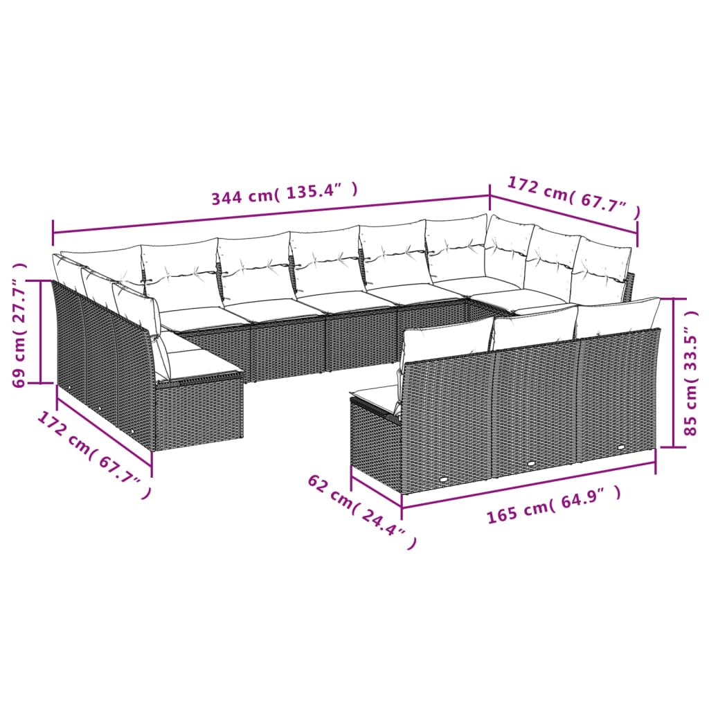 Set mobilier de grădină cu perne, 13 piese, negru, poliratan 3218386 - imagine 3