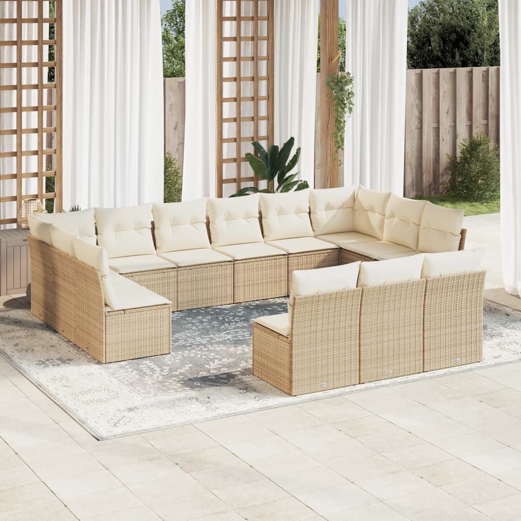 13-tlg. Garten-Sofagarnitur mit Kissen Beige Poly Rattan