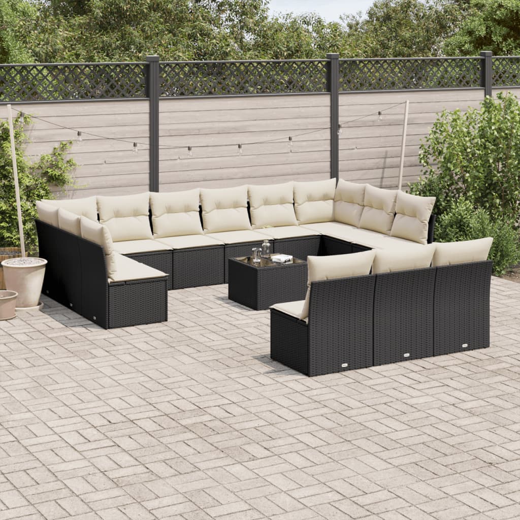 14-tlg. Garten-Sofagarnitur mit Kissen Schwarz Poly Rattan