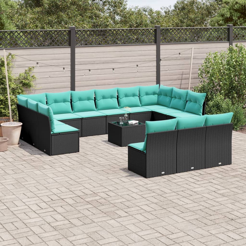 14 Piece Patio Sofa Set with Cushions Black Poly Rattan