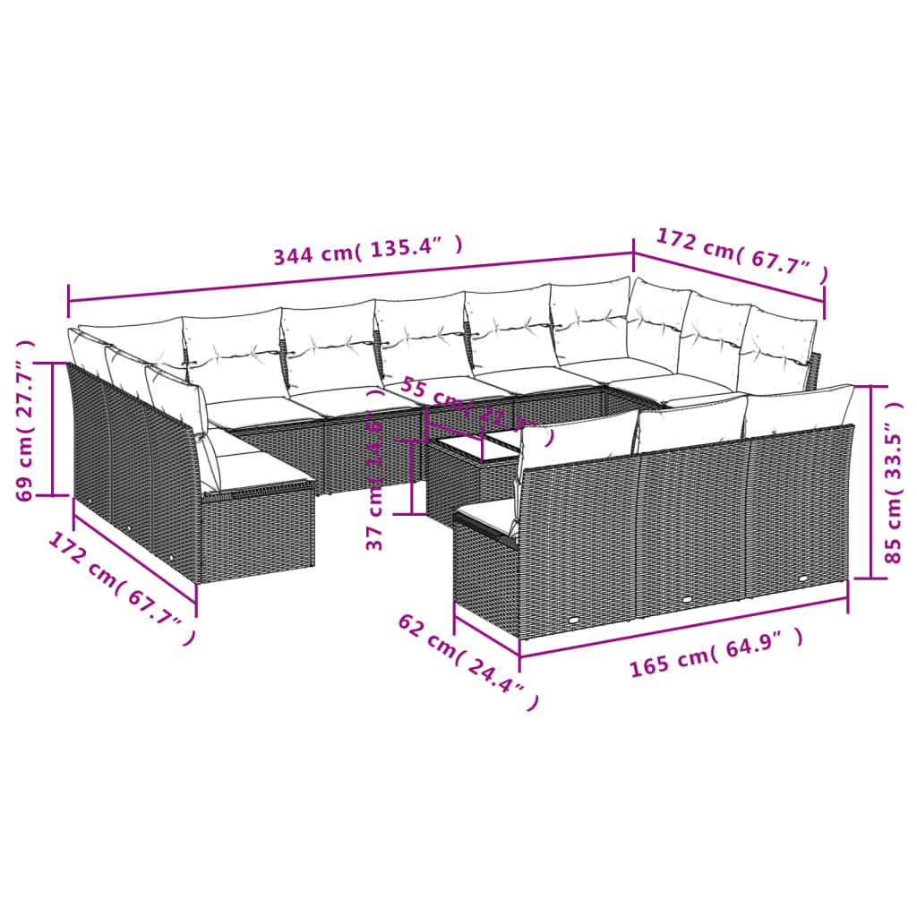 vidaXL 14-delige Loungeset met kussens poly rattan bruin