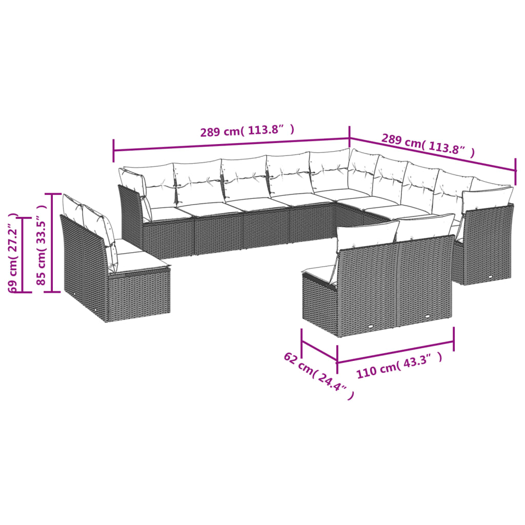 Set canapele de grădină cu perne, 12 piese, bej, poliratan 3218419 - imagine 3