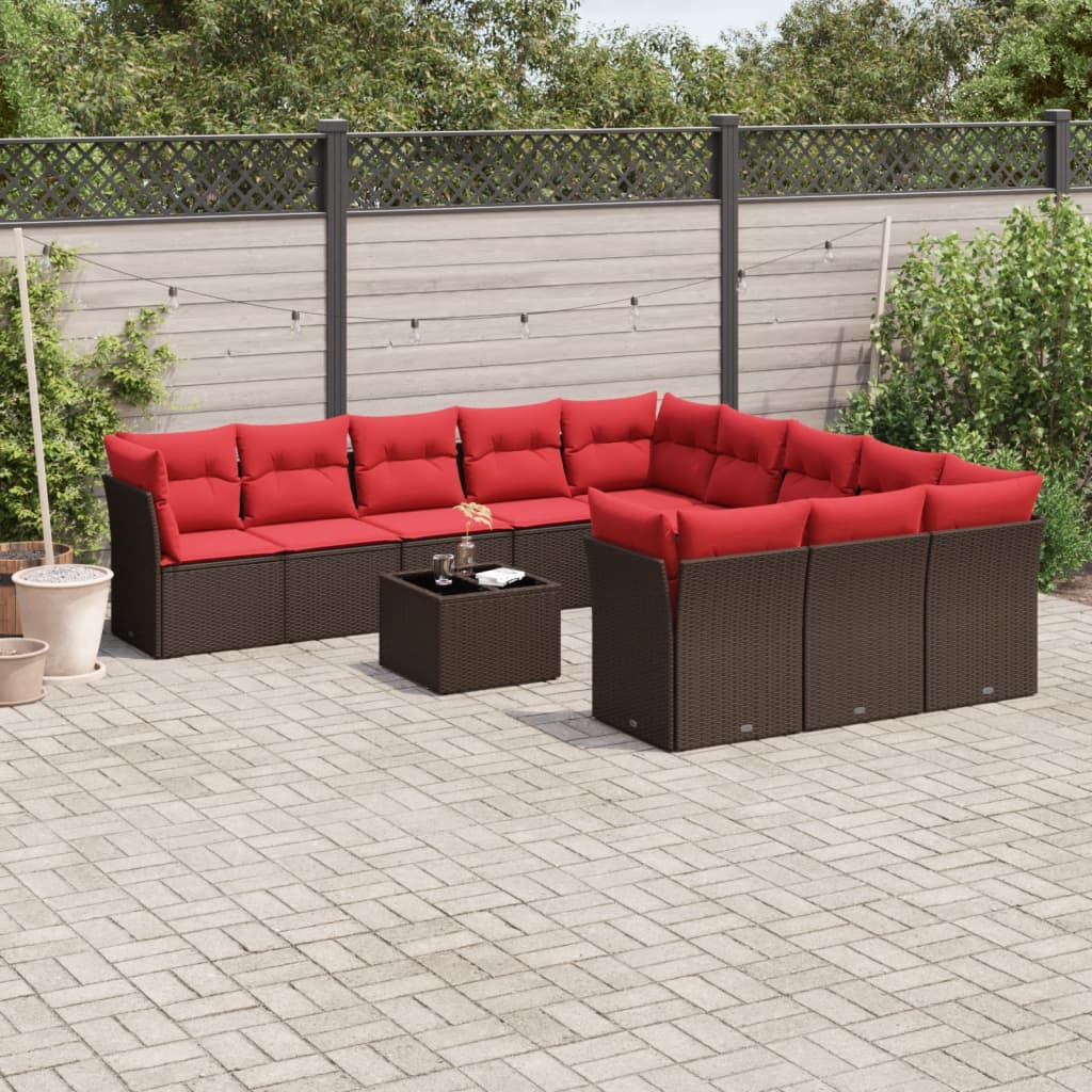 12 Piece Patio Sofa Set with Cushions Brown Poly Rattan