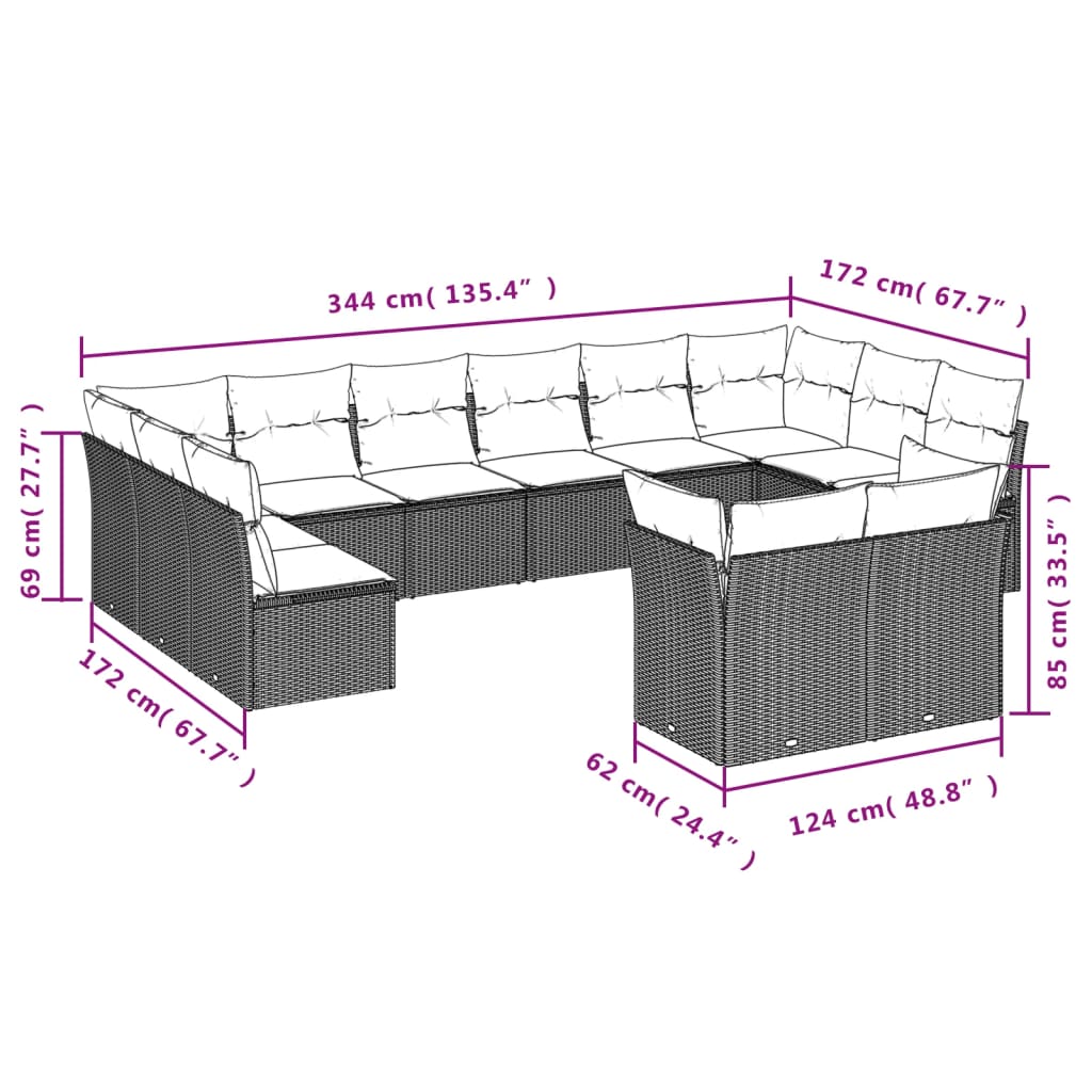 Set canapea de grădină cu perne, 12 piese, gri, poliratan 3218430 - imagine 3