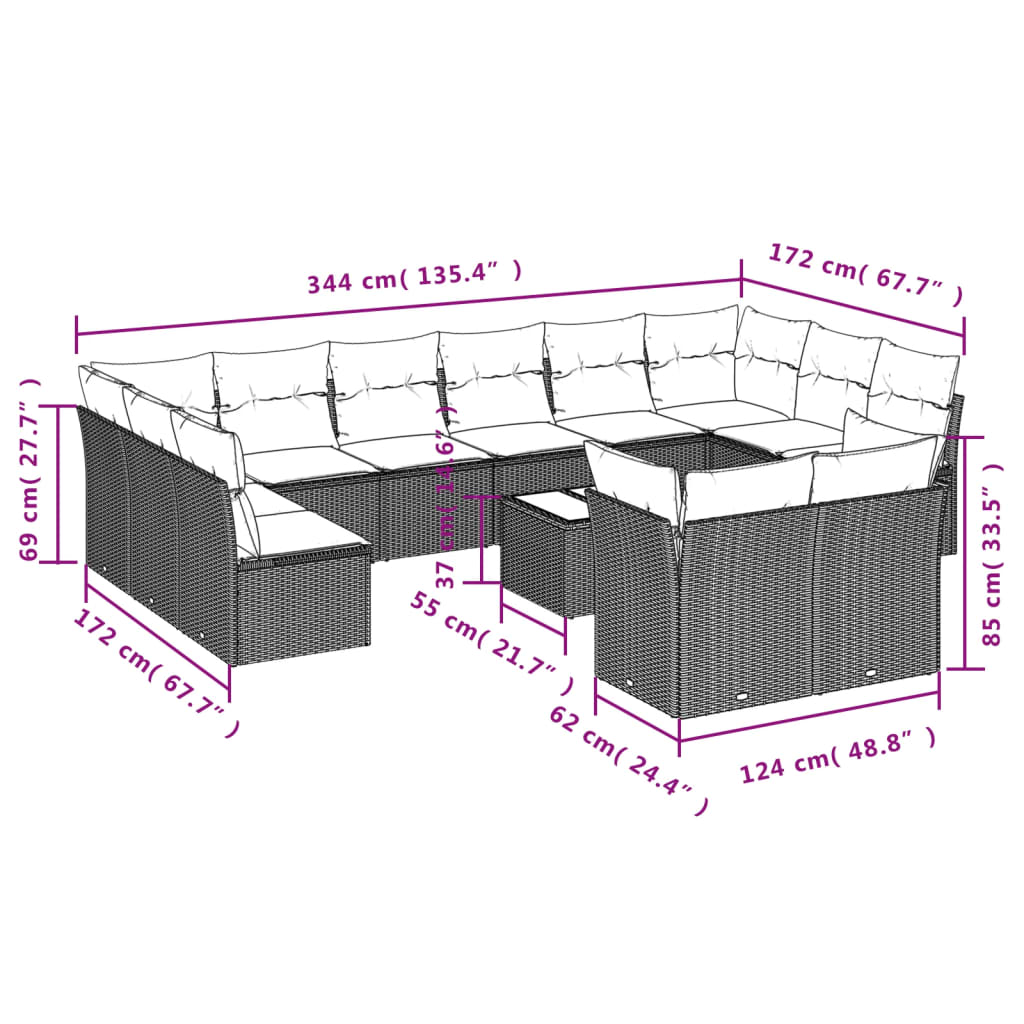 Set mobilier de grădină cu perne, 13 piese, gri, poliratan 3218440 - imagine 3