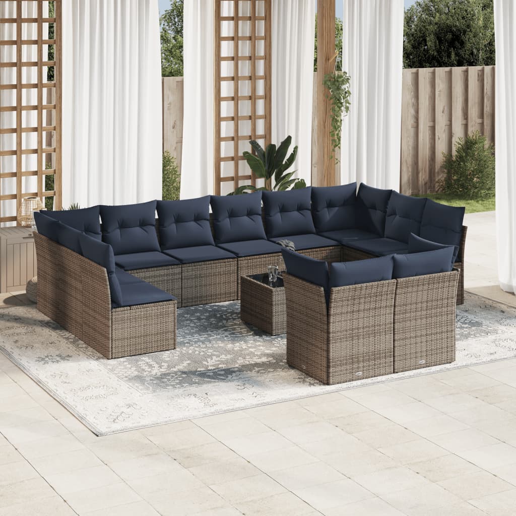 13-tlg. Garten-Sofagarnitur mit Kissen Grau Poly Rattan