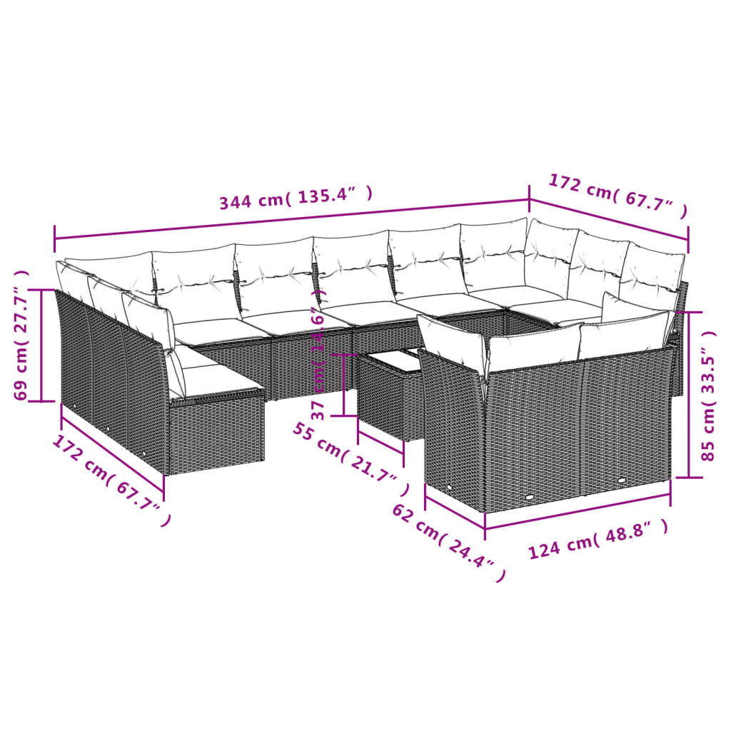 vidaXL 13-delige Loungeset met kussens poly rattan bruin