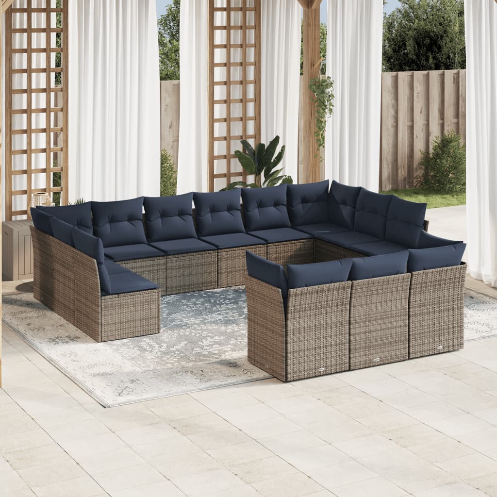 13-tlg. Garten-Sofagarnitur mit Kissen Grau Poly Rattan