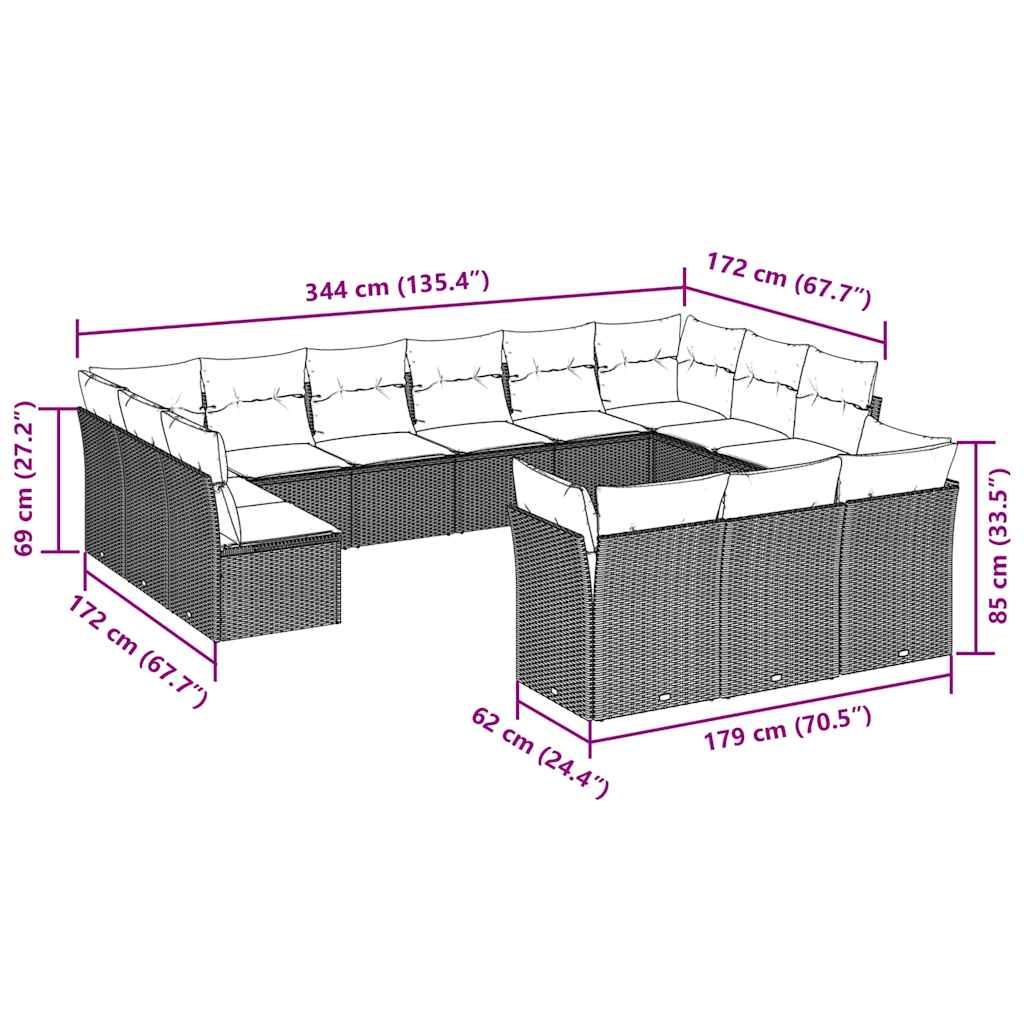 vidaXL 13-delige Loungeset met kussens poly rattan bruin afbeelding