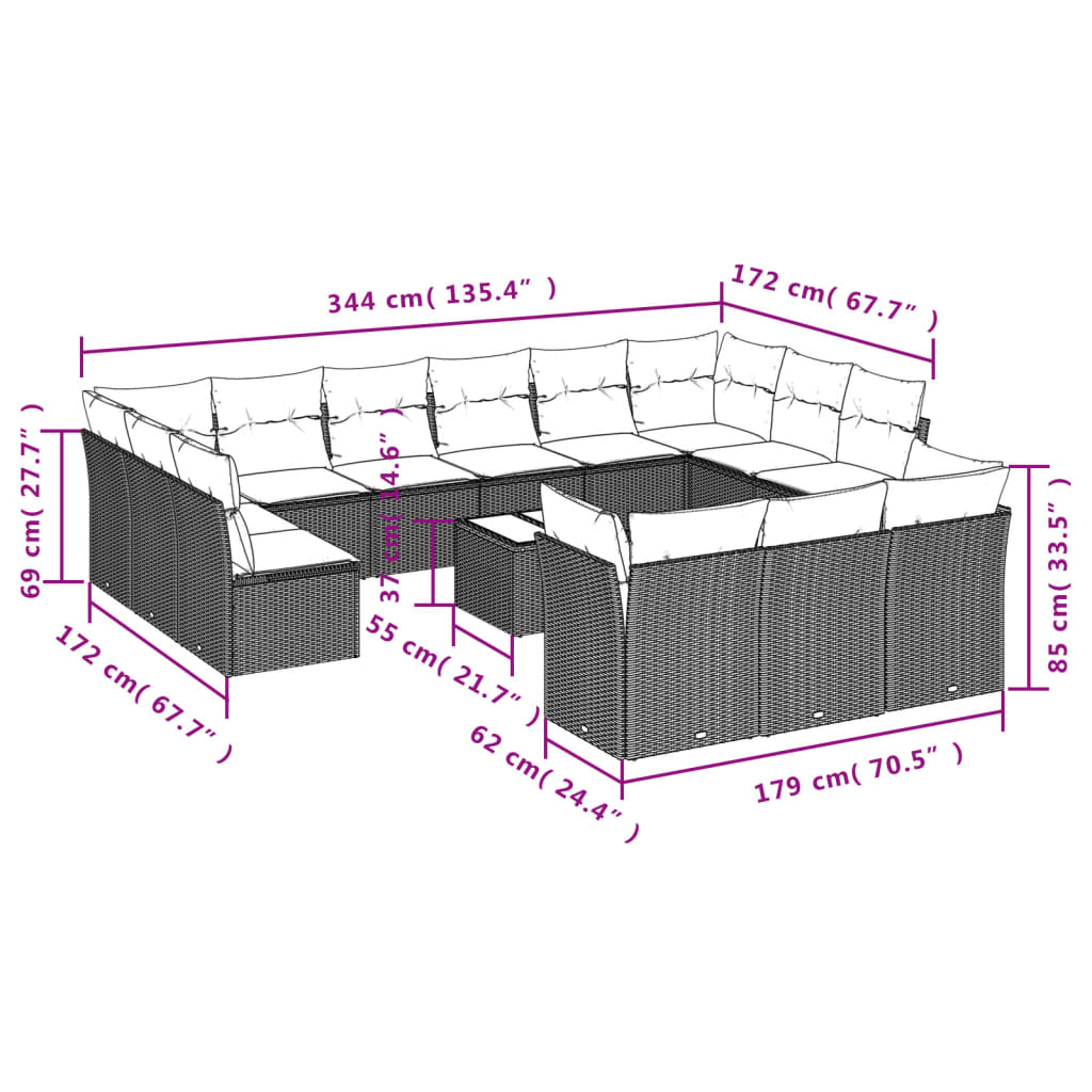 Set mobilier de grădină cu perne, 14 piese, negru, poliratan 3218456 - imagine 3