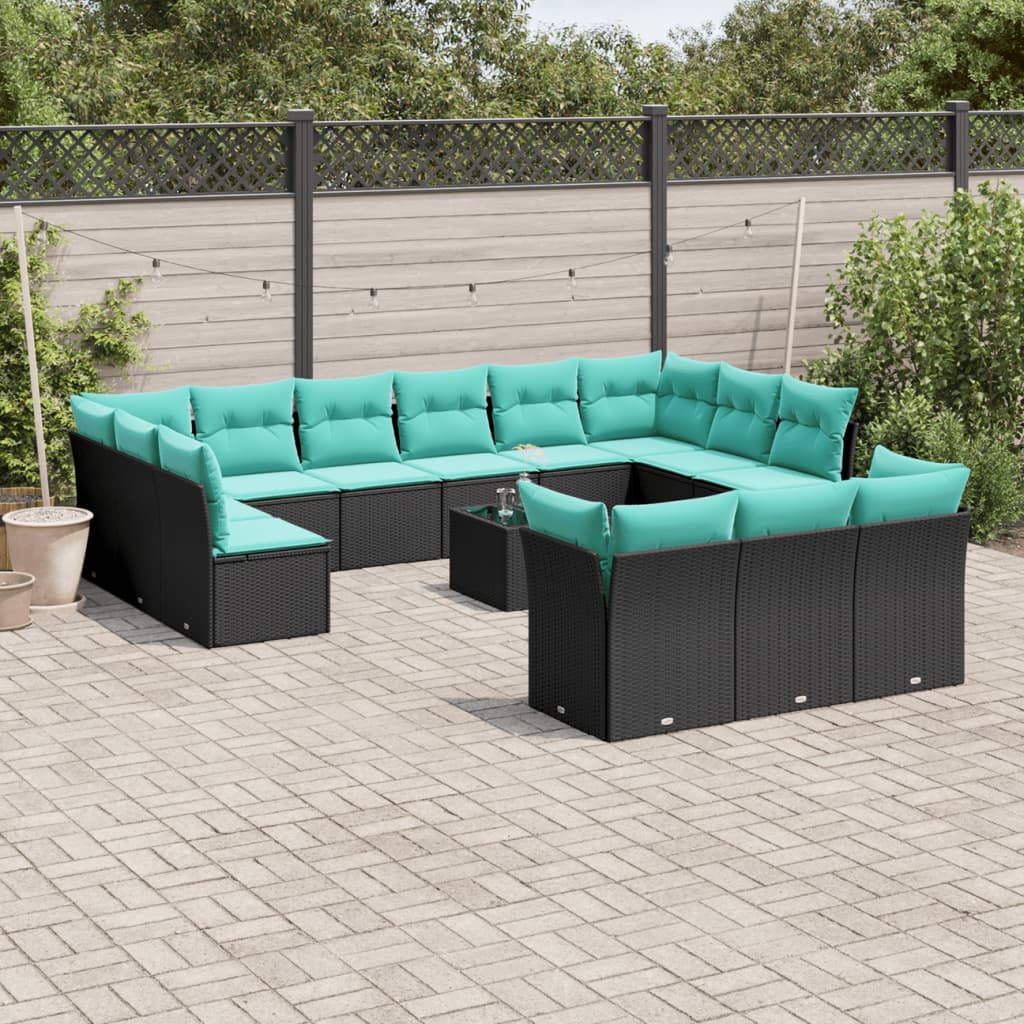 vidaXL 14-teiliges Gartensofa-Set mit Kissen, schwarzes Polyrattan